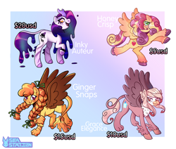 Size: 2000x1695 | Tagged: safe, artist:seasemissary, imported from derpibooru, oc, oc only, oc:ginger snaps, oc:grace elegance, oc:honey crisp, oc:inky auteur, hippogriff, hybrid, pegasus, pony, braid, colored pupils, female, hair over one eye, interspecies offspring, kirin hybrid, magical lesbian spawn, mare, offspring, parent:autumn blaze, parent:big macintosh, parent:gilda, parent:greta, parent:princess cadance, parent:princess celestia, parent:sugar belle, parents:autumnlestia, parents:cadmac, parents:gildance, parents:gretabelle, ribbon, unshorn fetlocks