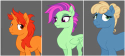 Size: 1280x571 | Tagged: safe, artist:maybehawthorn, imported from derpibooru, oc, oc:aurora blaze, oc:ignis, oc:smoky quartz, earth pony, pegasus, pony, unicorn, emotionless, female, male, mare, smiling, smirk, stallion