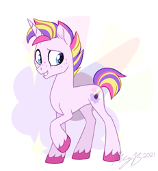 Size: 625x675 | Tagged: safe, artist:maybehawthorn, imported from derpibooru, oc, oc:glitter glow, pony, unicorn, blue eyes, colt, foal, freckles, male, multicolored hair, pink coat, short hair, smiling, teenager