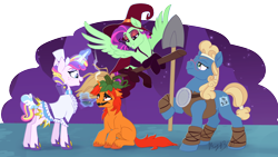 Size: 1280x720 | Tagged: safe, artist:maybehawthorn, imported from derpibooru, rockhoof, sapphire shores, oc, oc only, oc:aurora blaze, oc:glitter glow, oc:ignis, oc:smoky quartz, earth pony, pegasus, pony, unicorn, clothes, colt, costume, crossdressing, face paint, female, foal, halloween, halloween costume, hat, holiday, male, mare, rockhoof's shovel, shovel, stallion, teenager, unamused, witch, witch hat