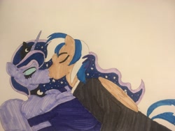 Size: 4032x3024 | Tagged: safe, artist:carlos324, imported from derpibooru, princess luna, oc, oc:carlos, oc:lightning burn, alicorn, anthro, pegasus, breasts, busty princess luna, canon x oc, clothes, dress, kissing, love, lying down, marker drawing, my little pony, romance, suit, traditional art