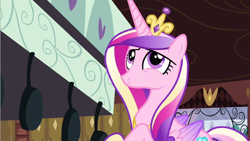 Size: 1280x720 | Tagged: safe, imported from derpibooru, screencap, princess cadance, queen chrysalis, alicorn, pony, a canterlot wedding, crown, fake cadance, female, folded wings, jewelry, mare, raised hoof, regalia, solo, tiara, wings