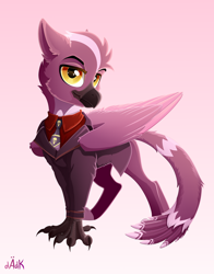 Size: 3300x4200 | Tagged: safe, artist:rainbowfire, imported from derpibooru, rarity, oc, oc only, griffon, :3, :d, :p, beak, business suit, claws, clothes, cute, feather, grin, heart, looking at you, male, necktie, open mouth, open smile, pink background, purple, shirt, simple background, smiling, solo, spread wings, suit, tongue out, tuxedo, wings, yellow eyes