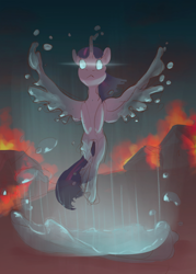 Size: 800x1116 | Tagged: safe, artist:yarugreat, imported from derpibooru, twilight sparkle, alicorn, original species, pony, water pony, burning, city, fire, floating, reincarnation, solo, species swap, spread wings, twilight sparkle (alicorn), water, wings