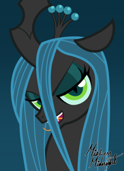 Size: 1487x2048 | Tagged: safe, artist:mistress midnight, imported from derpibooru, queen chrysalis, changeling, changeling queen, antagonist, bust, canterlot wedding 10th anniversary, crown, evil grin, female, forked tongue, gradient background, grin, jewelry, lidded eyes, looking at you, regalia, sharp teeth, show accurate, signature, slit pupils, smiling, solo, teeth