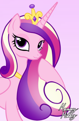 Size: 814x1246 | Tagged: safe, artist:mommymidday, imported from derpibooru, princess cadance, alicorn, beautiful, canterlot wedding 10th anniversary, gradient background, gradient mane, jewelry, lidded eyes, looking at you, multicolored hair, necklace, princess, raised hoof, show accurate, signature, smiling, solo, tiara