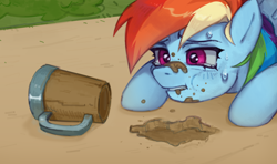 Size: 3800x2248 | Tagged: safe, artist:oops pio, imported from derpibooru, rainbow dash, pegasus, pony, the super speedy cider squeezy 6000, crying, cup, dirt, eating, eating dirt, female, mare, mud, sad, scene interpretation, screenshot redraw, simple background, solo, sweat, sweatdrops, teary eyes, wings