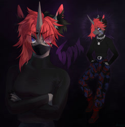 Size: 1280x1305 | Tagged: safe, artist:meggychocolatka, imported from derpibooru, oc, oc only, anthro, unicorn, bust, chains, clothes, duo, ear fluff, eye clipping through hair, female, horn, scar, unicorn oc