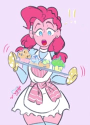 Size: 640x888 | Tagged: safe, artist:wonderwaifu, imported from derpibooru, pinkie pie, human, equestria girls, apron, clothes, cupcake, exclamation point, food, open mouth, oven mitts, skirt, socks, solo, surprised, thigh highs