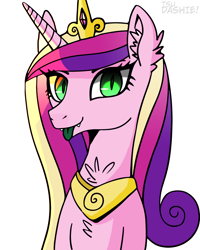 Size: 1226x1532 | Tagged: safe, artist:tsudashie, imported from derpibooru, princess cadance, queen chrysalis, alicorn, changeling, changeling queen, canterlot wedding 10th anniversary, fake cadance, fangs, female, jewelry, looking at you, simple background, tongue out