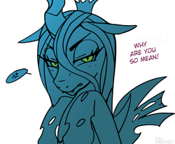 Size: 1815x1497 | Tagged: source needed, safe, artist:tsudashie, imported from derpibooru, queen chrysalis, changeling, changeling queen, angry, canterlot wedding 10th anniversary, cross-popping veins, dialogue, female, floppy ears, frown, heart, lidded eyes, simple background, speech bubble, white background