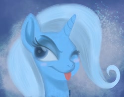 Size: 1626x1276 | Tagged: safe, artist:venusdietrap, imported from derpibooru, trixie, pony, unicorn, ;p, bust, female, mare, one eye closed, portrait, solo, tongue out