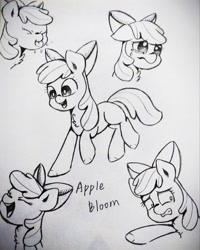 Size: 3072x3842 | Tagged: safe, artist:twiliset, imported from derpibooru, apple bloom, earth pony, pony, black and white, cute, grayscale, happy, laughing, monochrome, pencil drawing, sad, scared, simple background, smiling, tongue out, traditional art