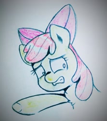 Size: 1625x1827 | Tagged: safe, artist:twiliset, imported from derpibooru, apple bloom, earth pony, pony, cute, looking back, pencil drawing, scared, simple background, solo, teeth, traditional art