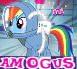 Size: 861x768 | Tagged: safe, edit, edited screencap, imported from derpibooru, screencap, rainbow dash, pegasus, pony, amogus, among us, astrodash, caption, clothes, costume, crossing the memes, expand dong, exploitable meme, gameloft, image macro, meme, solo, sus (among us), wow! glimmer