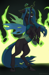 Size: 2000x3043 | Tagged: safe, artist:shchavel, imported from derpibooru, queen chrysalis, changeling, changeling queen, art, canterlot wedding 10th anniversary, crown, fangs, female, fire, glowing, glowing eyes, green fire, jewelry, rearing, regalia, signature, slim, smug, solo, spread wings, sternocleidomastoid, thin, wings