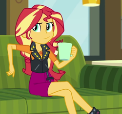 Size: 640x601 | Tagged: safe, edit, edited screencap, imported from derpibooru, screencap, sunset shimmer, human, equestria girls, equestria girls series, text support, clothes, coffee mug, couch, leather, leather vest, looking at you, mug, sitting, solo, text support: sunset shimmer, vest
