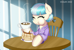 Size: 2932x1984 | Tagged: safe, artist:vinilyart, imported from derpibooru, coco pommel, earth pony, pony, blueberry, chocolate, cocobetes, cute, eating, eyes closed, female, food, herbivore, hot chocolate, maple syrup, mare, marshmallow, pancakes, solo, whipped cream