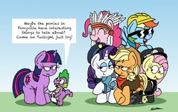 Size: 2953x1866 | Tagged: safe, artist:bobthedalek, imported from derpibooru, applejack, fluttershy, pinkie pie, rainbow dash, rarity, spike, twilight sparkle, earth pony, pegasus, pony, unicorn, friendship is magic, applejack's hat, boots, clothes, cowboy hat, cuffs, hard hat, hat, headdress, letter, mane seven, mane six, raricop, shoes, song in the comments, sunglasses, unicorn twilight, village people, ymca