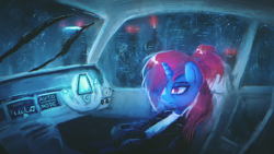 Size: 1920x1080 | Tagged: safe, artist:menalia, imported from derpibooru, oc, oc only, oc:niroh fatal, cyborg, pony, unicorn, car, car interior, city, clothes, cyberpunk, female, flying car, gloves, jacket, leather jacket, mare, night, pants, rain, shirt, shoes, sitting, t-shirt, tired, wallpaper