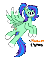 Size: 449x572 | Tagged: safe, artist:bloonacorn, imported from derpibooru, oc, oc only, oc:star breeze, pegasus, pony, bald face, blaze (coat marking), coat markings, ear fluff, facial markings, female, flying, full body, hooves, mare, pegasus oc, ponytail, signature, simple background, smiling, snip (coat marking), socks (coat markings), solo, spread wings, tail, transparent background, two toned mane, two toned tail, wings