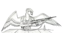 Size: 1700x891 | Tagged: safe, artist:baron engel, imported from derpibooru, oc, oc only, griffon, assault rifle, beretta, griffon oc, gun, male, monochrome, pencil drawing, rifle, simple background, solo, spread wings, story included, table, traditional art, weapon, white background, wings