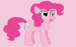 Size: 1024x640 | Tagged: safe, artist:mariosonicfan16, imported from derpibooru, pinkie pie, earth pony, pony, female, full body, happy, hooves, looking at someone, looking at something, mare, open mouth, pink background, simple background, smiling, solo, standing, tail