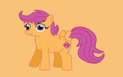 Size: 1024x640 | Tagged: safe, artist:mariosonicfan16, imported from derpibooru, scootaloo, pegasus, pony, female, filly, foal, full body, happy, hooves, looking at you, orange background, simple background, smiling, smiling at you, solo, spread wings, standing, tail, wings