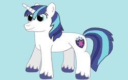 Size: 1024x640 | Tagged: safe, artist:mariosonicfan16, imported from derpibooru, shining armor, pony, unicorn, blue background, full body, hooves, horn, male, simple background, smiling, solo, stallion, standing, tail, unshorn fetlocks