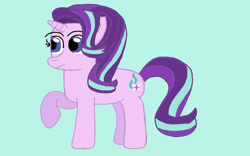 Size: 1024x640 | Tagged: safe, artist:mariosonicfan16, imported from derpibooru, starlight glimmer, pony, unicorn, blue background, female, full body, happy, hooves, horn, looking at someone, looking at something, mare, raised hoof, simple background, smiling, solo, standing, tail