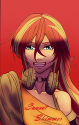 Size: 684x1080 | Tagged: safe, artist:rittaruzira, edit, imported from derpibooru, sunset shimmer, human, bust, cropped, female, gradient background, grin, headphones, humanized, smiling, solo