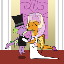 Size: 1600x1600 | Tagged: safe, artist:platinumdrop, imported from derpibooru, smolder, spike, dragon, clothes, dragoness, dress, female, hat, kiss on the lips, kissing, male, marriage, request, shipping, spolder, straight, top hat, tuxedo, wedding, wedding dress