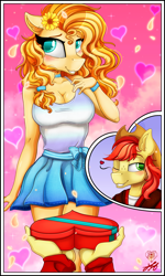 Size: 1800x2996 | Tagged: safe, artist:stainedglasslighthea, imported from derpibooru, bright mac, pear butter, anthro, earth pony, blushing, breasts, brightbutter, busty pear butter, cleavage, clothes, duo, female, flower, flower in hair, heart, holiday, male, one eye closed, shipping, skirt, smiling, straight, valentine's day, wink