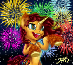 Size: 1024x922 | Tagged: safe, artist:stainedglasslighthea, imported from derpibooru, oc, oc only, oc:stained glass light heart, pony, unicorn, female, fireworks, horn, open mouth, solo, unicorn oc