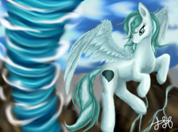 Size: 1920x1428 | Tagged: safe, artist:stainedglasslighthea, imported from derpibooru, oc, oc only, oc:aquamarine, pegasus, pony, female, flying, pegasus oc, solo, tornado