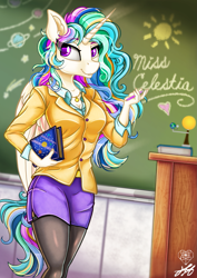 Size: 1413x1999 | Tagged: safe, artist:stainedglasslighthea, imported from derpibooru, princess celestia, alicorn, anthro, book, breasts, chalkboard, cleavage, clothes, female, orrery, skirt, smiling, solo, teacher, ych example, your character here