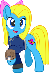 Size: 1920x2843 | Tagged: safe, artist:alexdti, imported from derpibooru, oc, oc only, oc:cuteamena, earth pony, pony, fallout equestria, bow, clothes, earth pony oc, female, full body, hair bow, high res, hooves, jumpsuit, mare, open mouth, open smile, raised hoof, raised leg, simple background, smiling, solo, tail, transparent background, vault suit