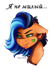 Size: 1560x2080 | Tagged: safe, artist:yuris, imported from derpibooru, oc, oc only, oc:zhenya, earth pony, pony, blatant lies, cute, cyrillic, denial's not just a river in egypt, earth pony oc, female, floppy ears, i'm not cute, male, russian, simple background, solo, two toned mane, white background