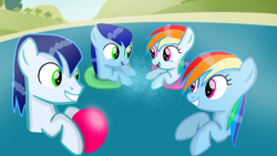 Size: 1280x720 | Tagged: safe, artist:mlplary6, imported from derpibooru, rainbow dash, soarin', oc, oc:blue skies, oc:speedy dash, pegasus, pony, ball, colt, family, female, filly, foal, male, mare, offspring, parent:rainbow dash, parent:soarin', parents:soarindash, pond, shipping, siblings, smiling, soarindash, stallion, straight, twins, water