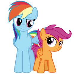 Size: 500x500 | Tagged: safe, artist:ashidaru, imported from derpibooru, rainbow dash, scootaloo, pegasus, pony, duo, duo female, female, filly, foal, folded wings, front view, hooves, lidded eyes, looking at each other, looking at someone, mare, one wing out, scootalove, simple background, smiling, smiling at each other, standing, transparent background, vector, wings