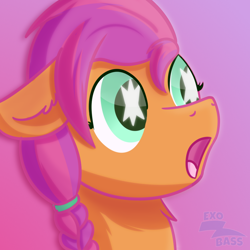 Size: 1000x1000 | Tagged: safe, artist:exobass, imported from derpibooru, sunny starscout, earth pony, pony, :o, amazed, braid, bust, ear fluff, female, floppy ears, g5, mare, my little pony: a new generation, open mouth, portrait, signature, solo, starry eyes, watermark, wingding eyes