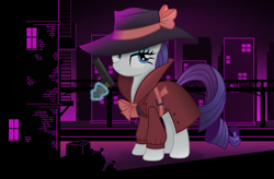 Size: 8712x5732 | Tagged: safe, artist:anime-equestria, imported from derpibooru, rarity, pony, unicorn, bag, bridge, building, city, detective, detective rarity, eyeshadow, female, fire escape, frown, gun, handgun, hat, hi-power, levitation, lidded eyes, m1911, magic, makeup, mare, neon, night, noir, pistol, purple sky, solo, telekinesis, trash bag, weapon