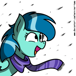 Size: 768x768 | Tagged: safe, artist:winter-scarf, imported from derpibooru, oc, oc only, oc:winter scarf, pegasus, pony, clothes, female, open mouth, pegasus oc, scarf, simple background, snow, snowfall, solo, striped scarf, white background