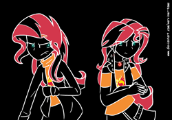 Size: 1336x935 | Tagged: safe, artist:winter-scarf, imported from derpibooru, sunset shimmer, human, equestria girls, black background, duality, duo, female, human sunset, simple background