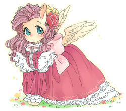 Size: 695x618 | Tagged: safe, artist:pasikon, imported from derpibooru, fluttershy, pegasus, pony, bow, braid, clothes, cute, dress, female, flower, flower in hair, frilly dress, lolita fashion, looking at you, mare, pixiv, shyabetes, solo