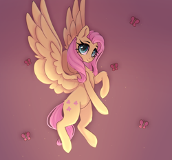 Size: 1280x1188 | Tagged: safe, artist:_alixxie_, imported from derpibooru, fluttershy, butterfly, pegasus, pony, chest fluff, cute, female, gradient background, looking at you, mare, raised hoof, shyabetes, smiling, solo, spread wings, three quarter view, wings