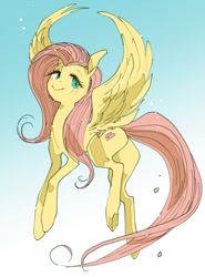 Size: 626x848 | Tagged: safe, artist:pasikon, imported from derpibooru, fluttershy, pegasus, pony, aside glance, blushing, female, flying, gradient background, looking at you, mare, pixiv, smiling, solo, spread wings, wings