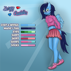 Size: 1527x1533 | Tagged: safe, artist:zorgycuddles, imported from derpibooru, oc, oc only, oc:zorgy cuddles, anthro, pegasus, plantigrade anthro, clothes, female, reference sheet, shirt, shoes, skirt, solo, standing