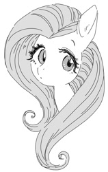 Size: 408x644 | Tagged: safe, artist:pasikon, imported from derpibooru, fluttershy, pony, bust, female, mare, monochrome, pixiv, portrait, simple background, solo, white background