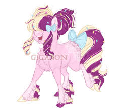 Size: 3200x2800 | Tagged: safe, artist:gigason, imported from derpibooru, oc, oc:sundae sprinkle surprise, pony, bow, female, hair over one eye, magical lesbian spawn, mare, obtrusive watermark, offspring, parent:pinkie pie, parent:songbird serenade, simple background, solo, tail, tail bow, transparent background, watermark